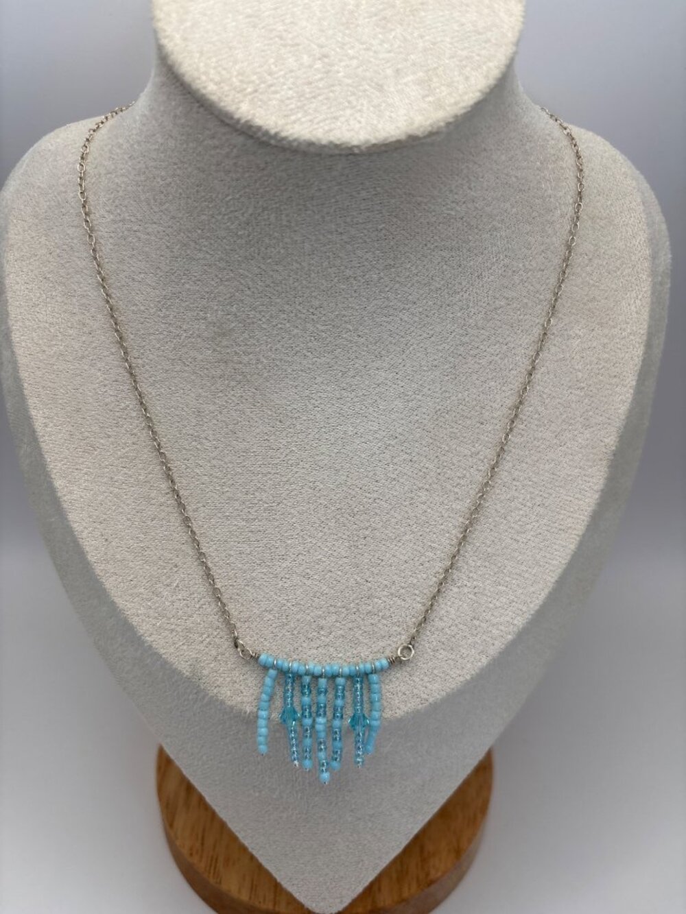 Vintage 925 Sterling Silver Bar Necklace with Blue Beaded Fringe